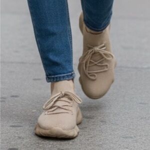 Beige Neutral Lace-Up Fly Knit Sneakers•12